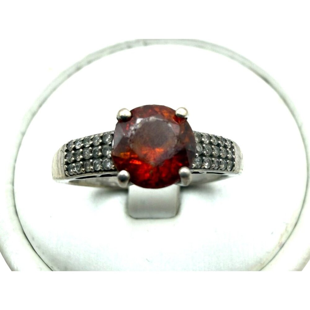 Vintage DGS 925 Sterling Silver Garnet Ring with Pavé Accent Band